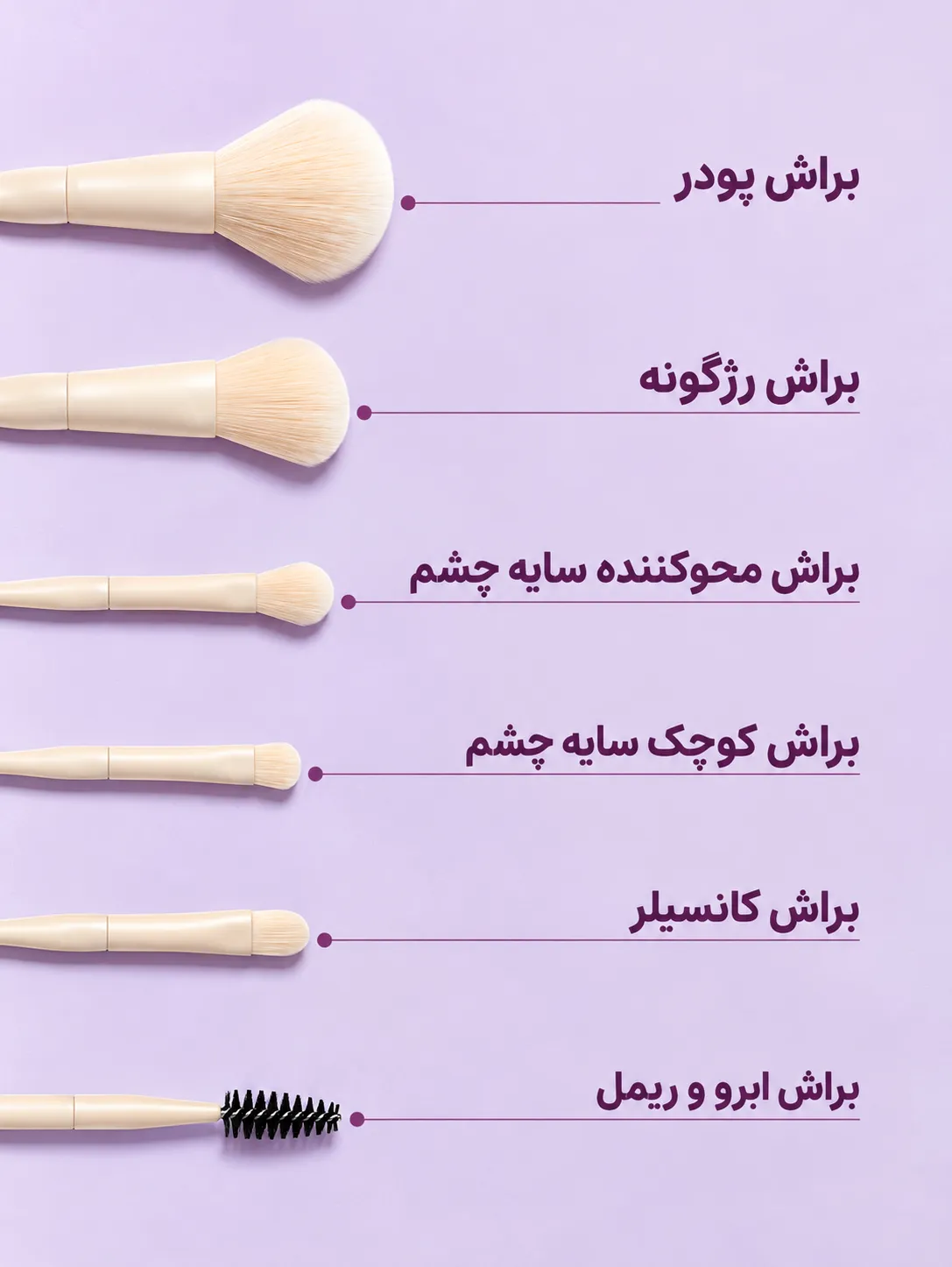 شش برس آرایشی شیگلم در نمای افقی، شامل برس پودر، رژگونه، سایه چشم، کانسیلر و برس ابرو و مژه